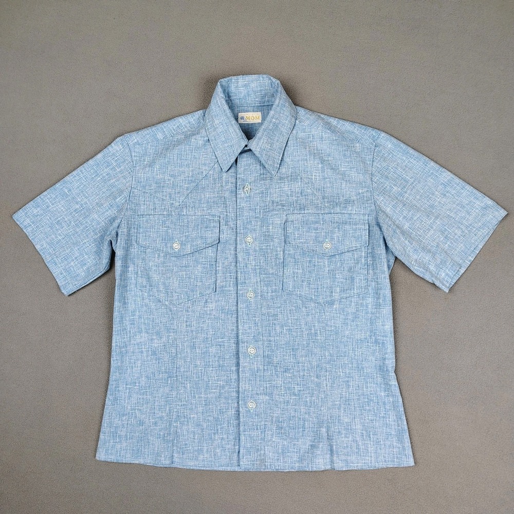 VINTAGE 50s Chambray Work Shirt Large Short Blue Handmade Cat Eye Button Beauty